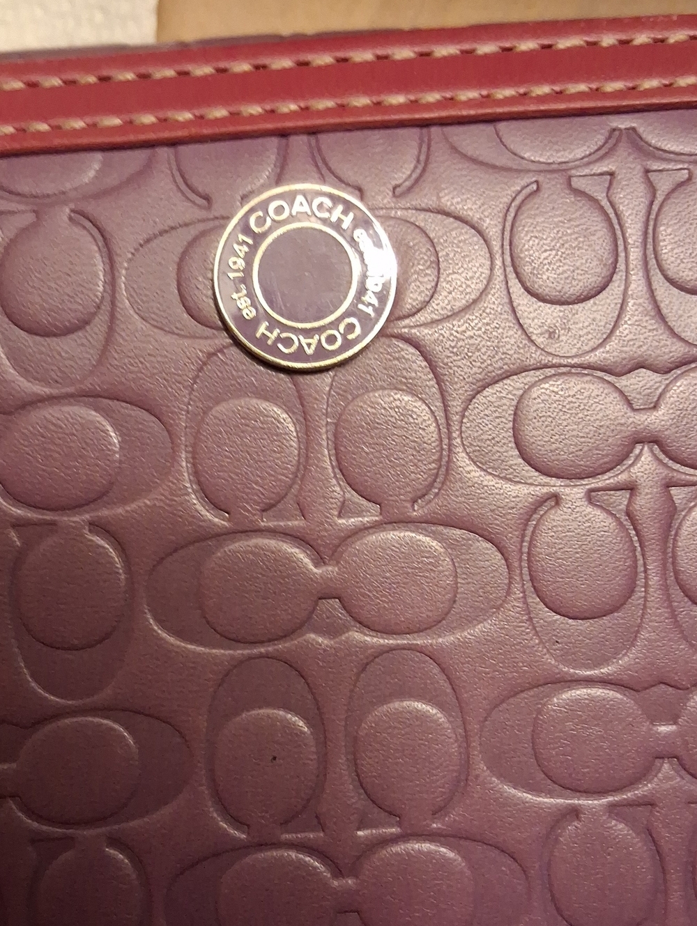 Coach Plum Embossed Signature Wallet with Pink Trim